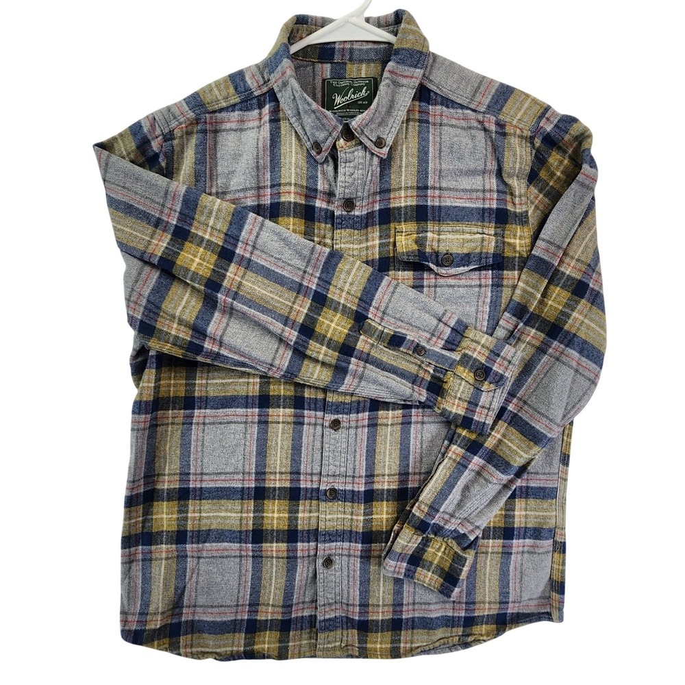 Woolrich Mens Large Gray Plaid Flannel Shirt Organic Cotton Modern Fit Outdoors